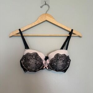 Victorias Secret Dream Angels Lined Demi Bra 32D Black Lace Pink Swiss Dot